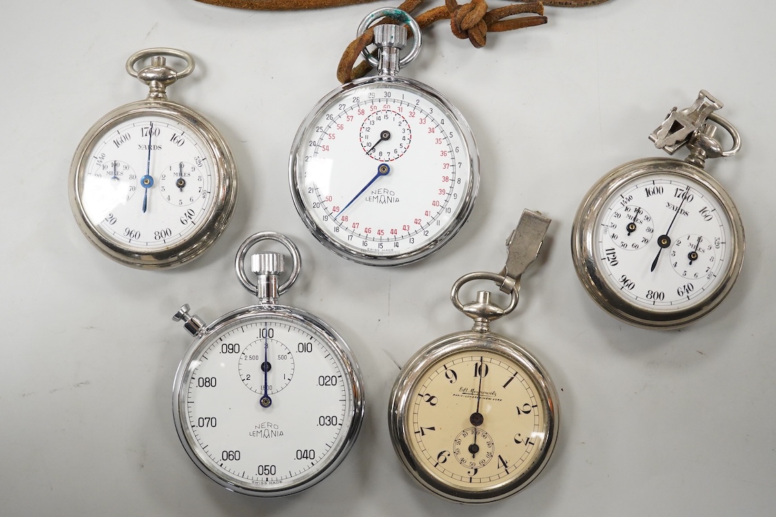 Five assorted base metal cased pedometers to include two Nero Lemania and one retailed by E.B. Meyrowitz.